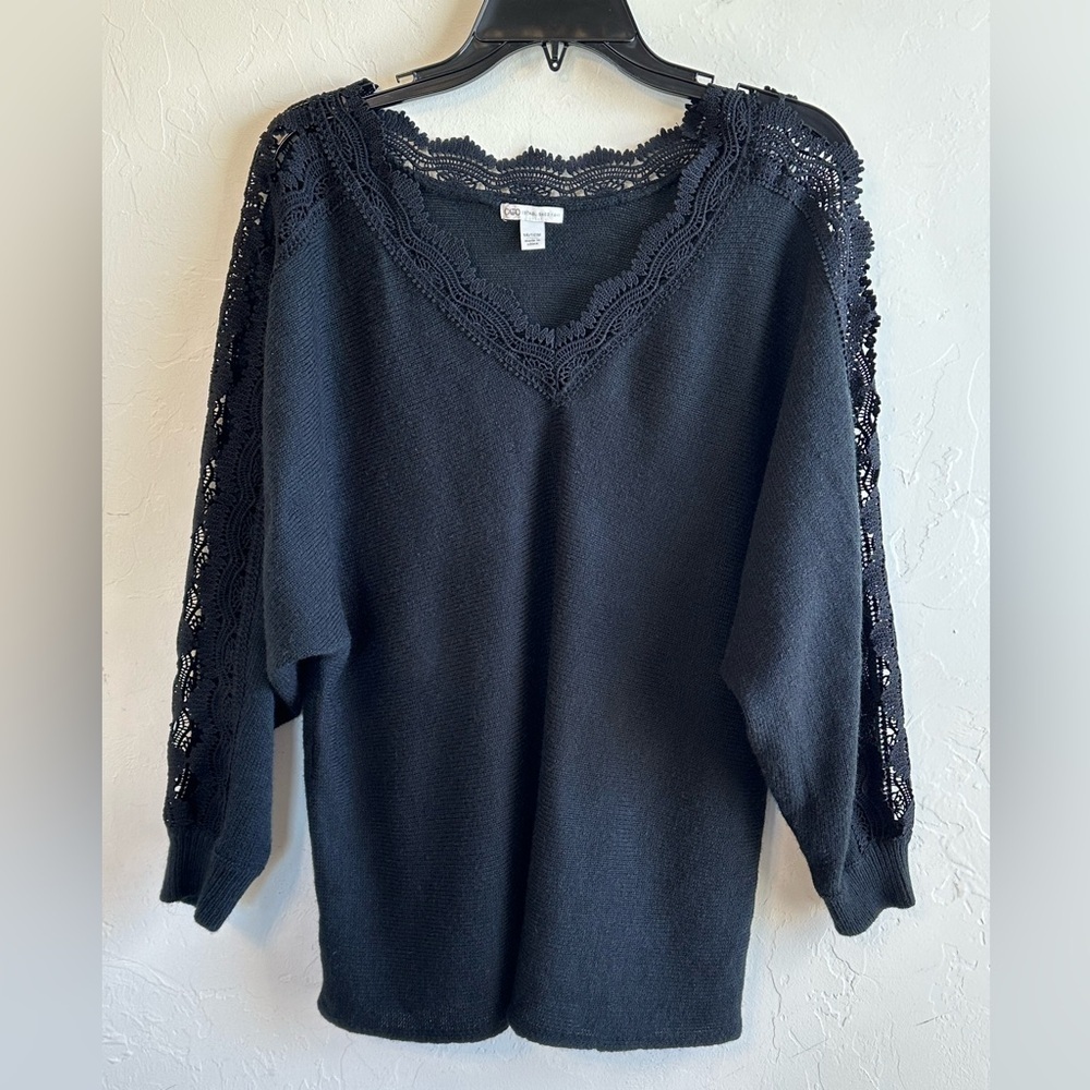 Black V Neck 3/4 Length Sleeves Lace Trim Sweater by Cato Sz 14/16 W